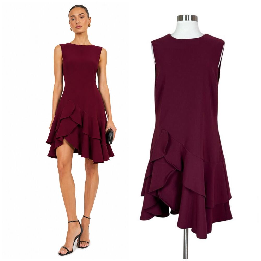 Commense | Burgundy Asymmetrical Ruffle Hem Sleeveless Minimal Mini Dress XL